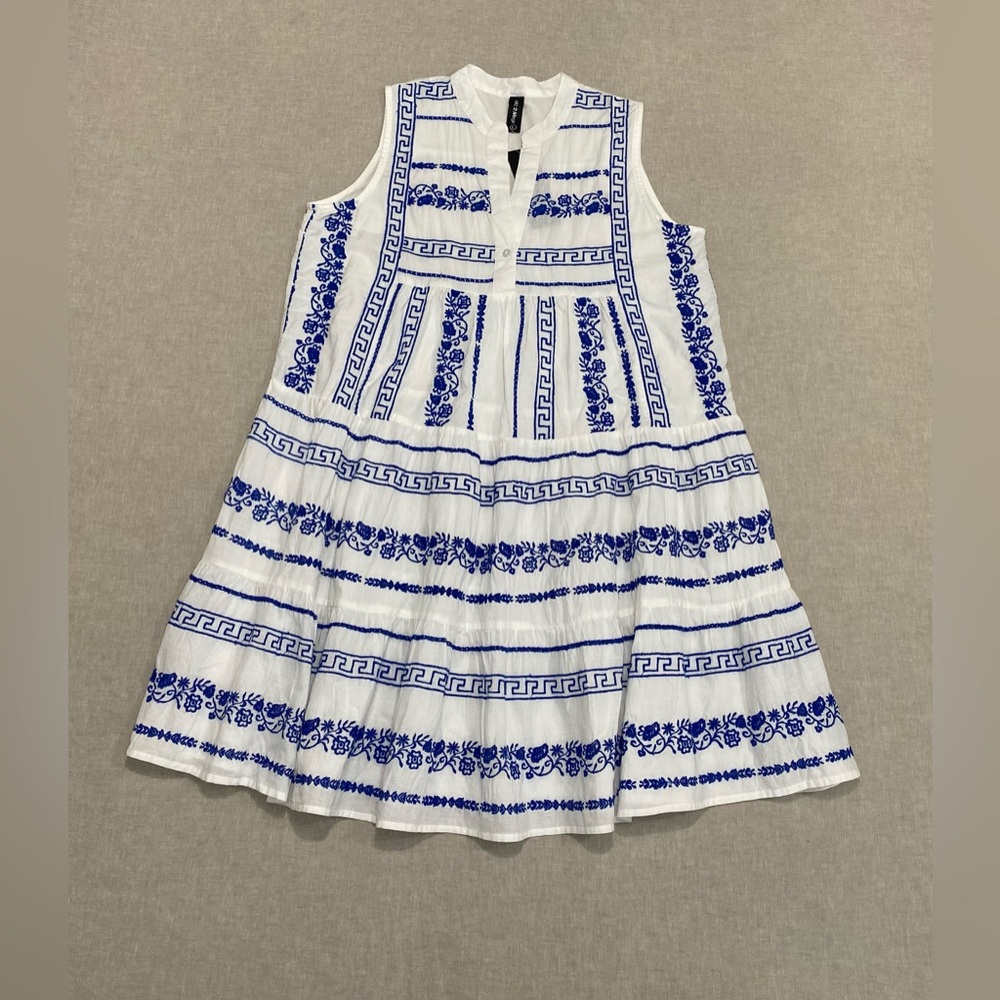 Me 2 Magic Sleeveless Embroidered Midi Dress Sz L Blue/White Cover Up Beachwear